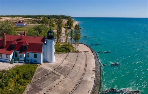 Wallpaper trees, lake, lighthouse, Michigan, Lake Michigan, Michigan, Lake Michigan, Point 