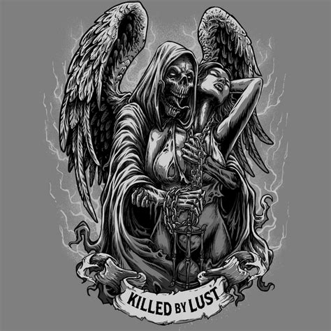 killed by lust reaper with pin up men s gray tee shirt lethal threat