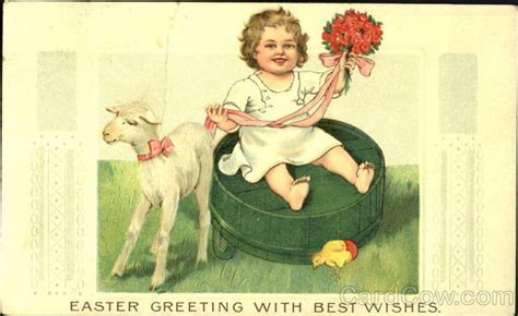 Is this normal or a sign that. Child on upside down green barrel, holding flowers, next to lamb & chick With Children