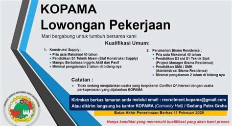 Konstruksi supply , perumahan bisma residence , lokasi : Lowongan Kerja KOPAMA Februari 2020