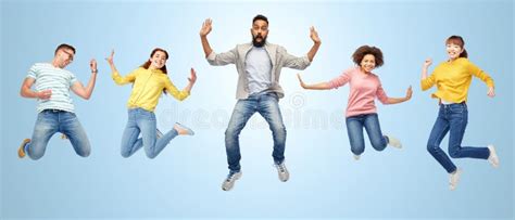 International Group Of Happy People Jumping Stock Image Image Of