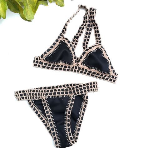 Black Khaki Crochet Bikini Set Sexy Swimwear Triangle Bathing Suit New