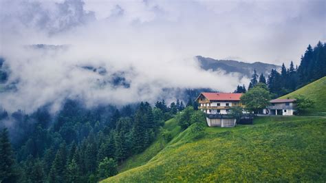 Download Wallpaper 1920x1080 Mountains House Clouds