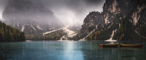 2048x839 Nature Landscape Panoramas Lake Fall Mountain Boat Rain Mist