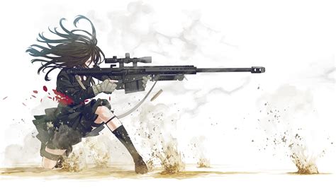 Sniper Rifle Girls With Guns Simple Background Blood Black Hair