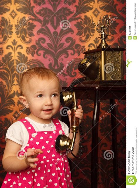Little Girl In Red Dress Talking Vintage Phone Stock Image Image Of