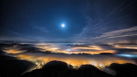 Night Sky Stars Moon Hills Fog City Lights Bokeh