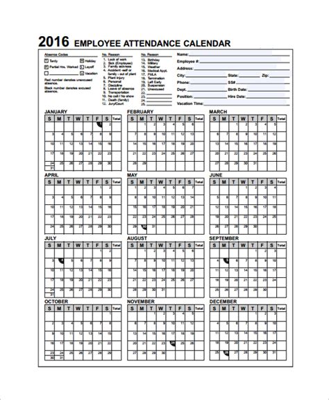 Sample Attendance Calendar Template 9 Free Documents Download