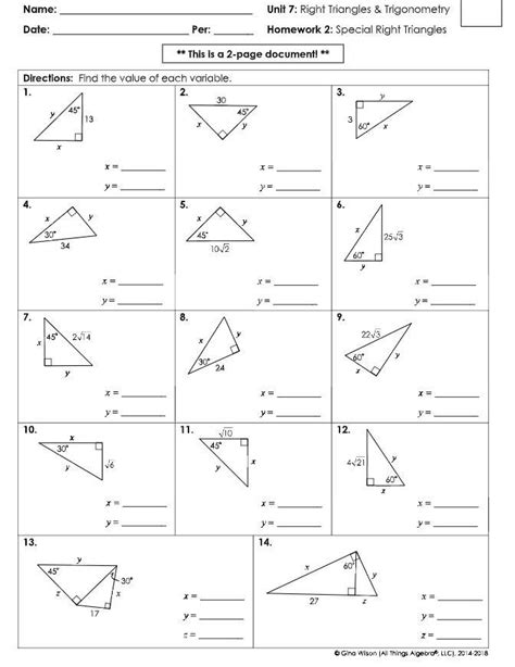 Unit 7 Right Triangles And Trigonometry Homework 2 Special Right