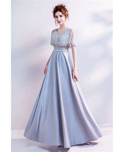 Simple Long Grey Satin Prom Dress With Beading Cape Sleeves Wholesale