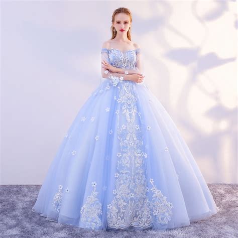 Newest Ball Gown Long Light Blue Princess Prom Dresses With Sleeves