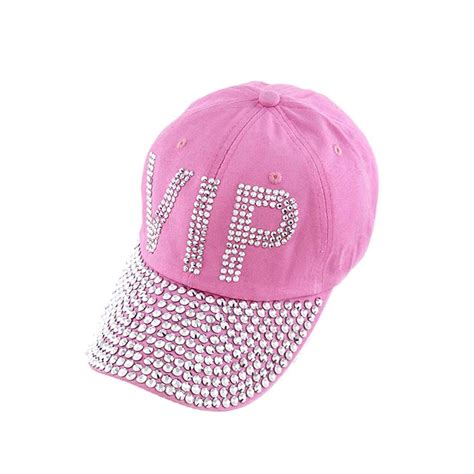 Pink Faceted Crystal Encrusted Vip Letter Design Accent Baseball Cap