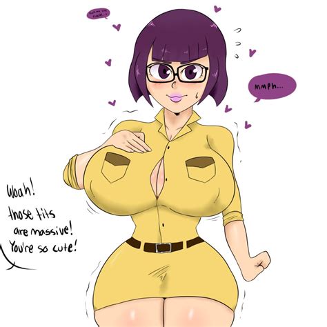 rule 34 boob window boobs clevage clothed dialogue dinocore glasses hand on breast huge