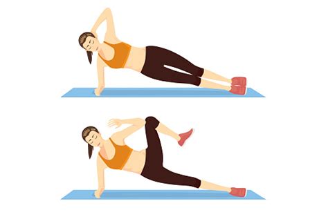 Woman Doing Exercise With Side Plank Crunch In 2 Step On Blue Mat Stock