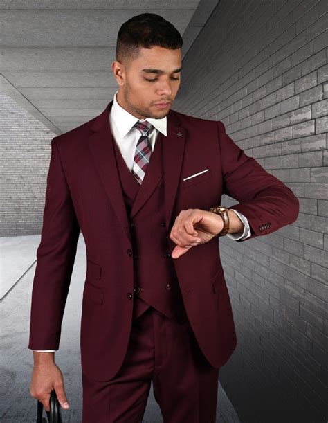 mens 2 button slim fit wool suit with double breasted vest in burgundy in 2021 burgundy suit