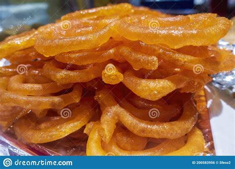 Close Up Of Indian Sweet Jalebi In A Catering Situation Stock Photo