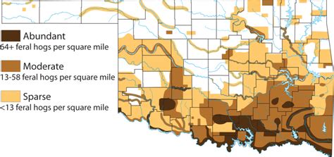 Oklahome Feral Hog Density Map Number Of Hogs By County In Oklahoma