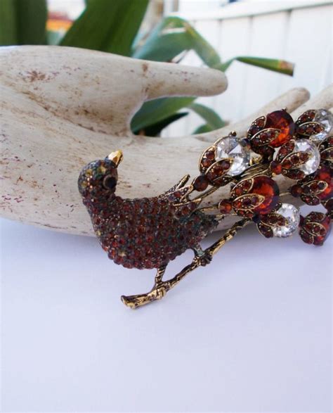 Amber Peacock Brooch Large Glitzy Peacock Scarf Pin Upcycle Etsy