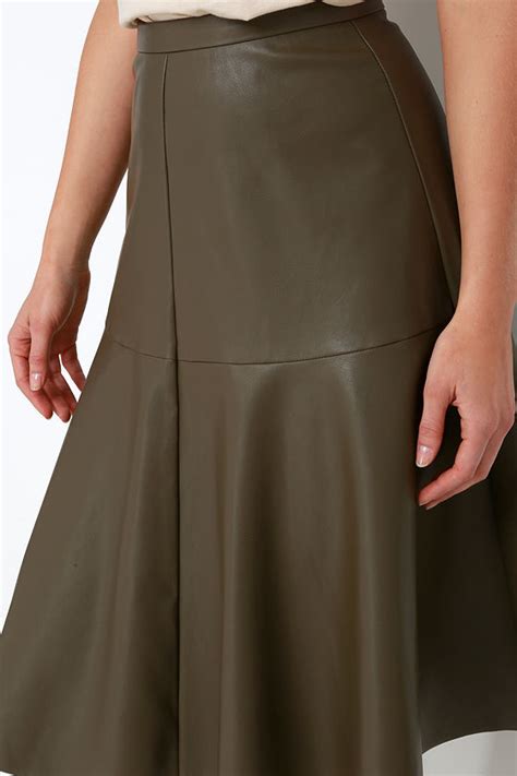 Olive Green Skirt Vegan Leather Skirt Midi Skirt