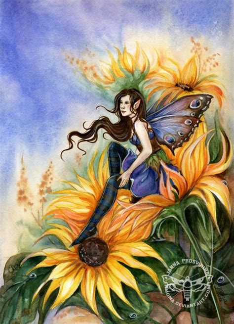 A Painting Of A Woman Sitting On Top Of A Sunflower With A Butterfly