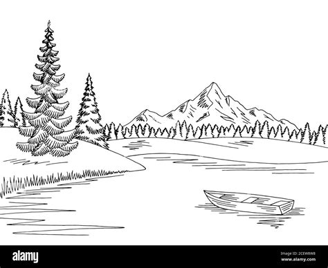 Mountain Lake Graphic Black White Landscape Sketch Illustration Vector Stock Vector Image Art