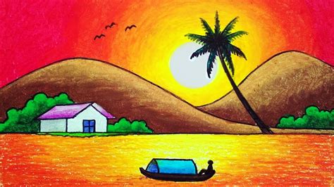 How To Draw Beautiful Sunset In The Island Scenery Oil Pastels
