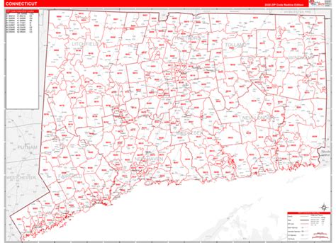 Connecticut Zip Code Wall Map Red Line Style By Marketmaps