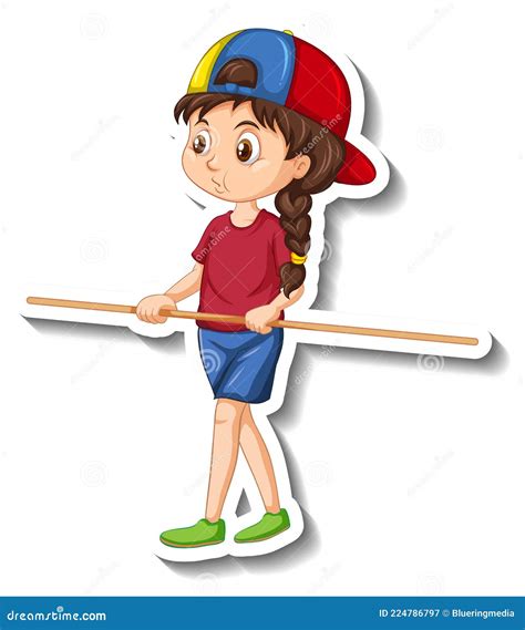 Cartoon Character Sticker With A Girl Holding Wooden Stick Stock Vector