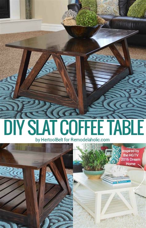 A coffee table is a low table designed to be placed in a sitting area for convenient support of beverages, remote controls, magazines, books (especially large, illustrated coffee table books), decorative objects, and other small items. Remodelaholic | DIY Slat Coffee Table