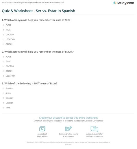 Quiz And Worksheet Ser Vs Estar In Spanish