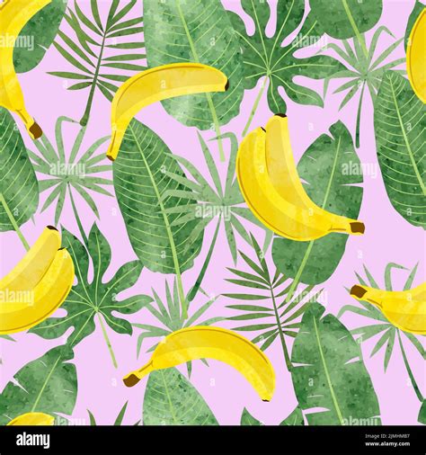 Seamless Tropic Pattern With Bananas And Leaves Vector Summer Fruit