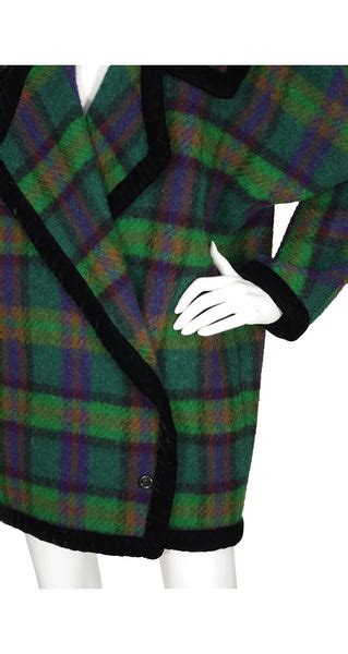 Emanuel Ungaro 1980s Plaid Wool Velvet Trim Blanket Coat Featherstone