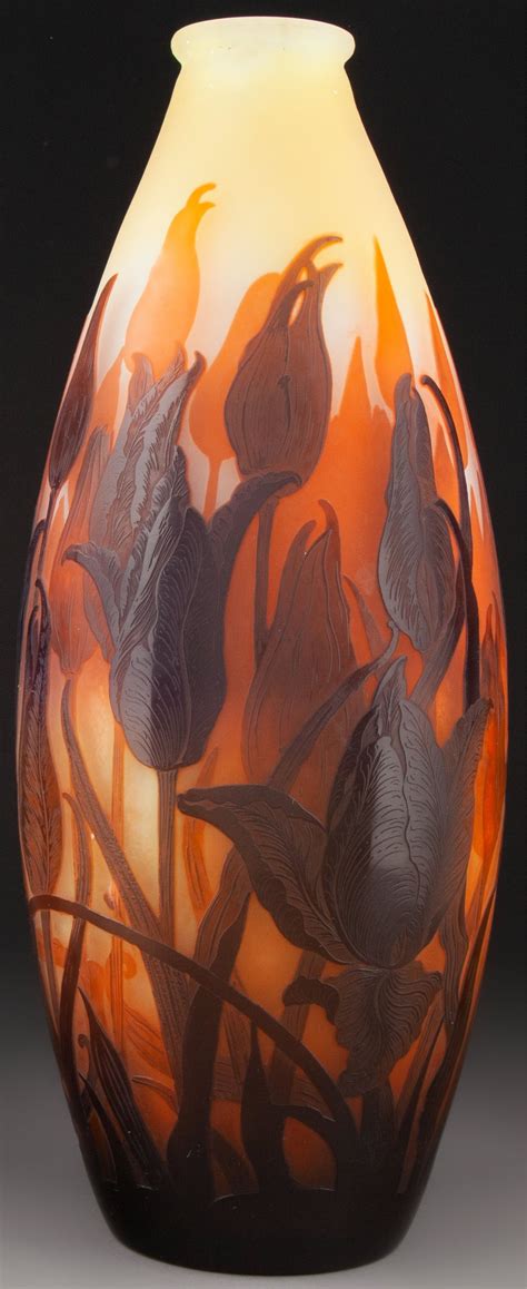 Large Gallé Cameo Glass Parrot Tulips Vase Circa 1920 Marks Gallé 15 Inches 38 1 Cm Glass