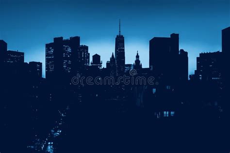 New York City Skyline Lights At Night In Blue Colors Stock Photo