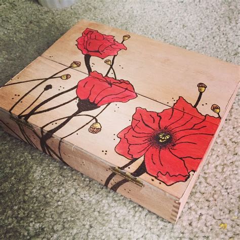 Cigar Box Woodburn Pyrography Watercolor Art Poppy Flower Cigar Box