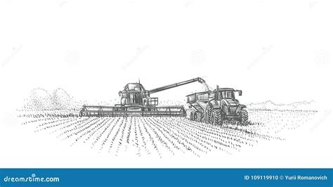 Combine Harvester And Tractor Working In Field Illustration Vector