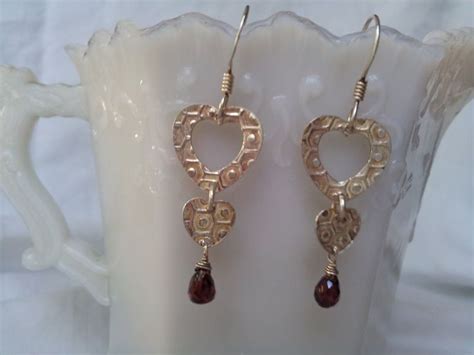 Stamped Sterling Silver Hearts W Faceted Garnet Drops Hook Etsy Sterling Silver Heart