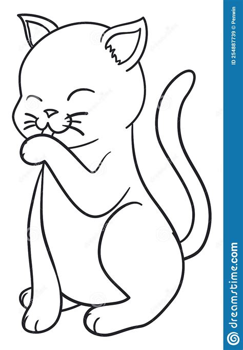 Cute Cat Licking Its Paw Ready For Coloring Vector Illustration Stock