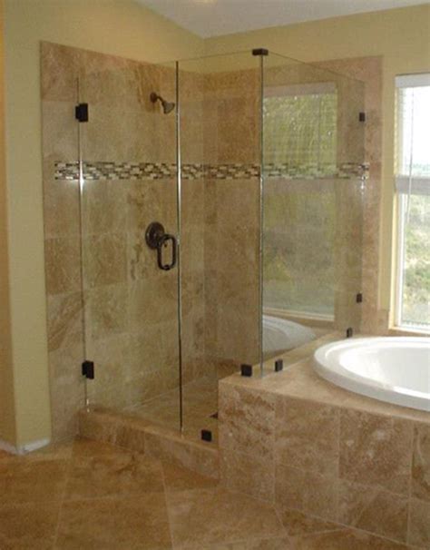 This luxury bathroom with travertine tile with dual showerheads and central enclosed tub uses travertine stone tile as the back wall of the shower. 20 nice ideas of bathrooms with travertine tile pictures