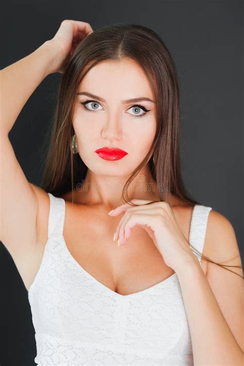 Portrait Of A Beautiful Woman With Red Lips Stock Photo Image Of