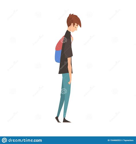 Unhappy Sad Guy Standing With Backpack Depressed Teenager Having