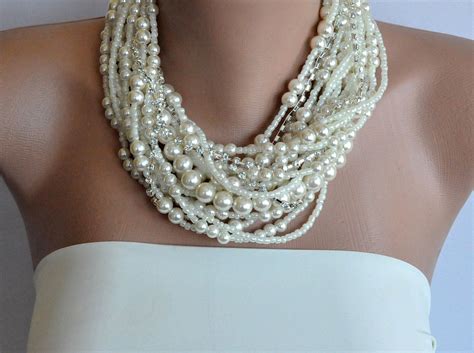 Chunky Layered Ivory Pearl Necklace With Rhinestones Brides Bridesmaids