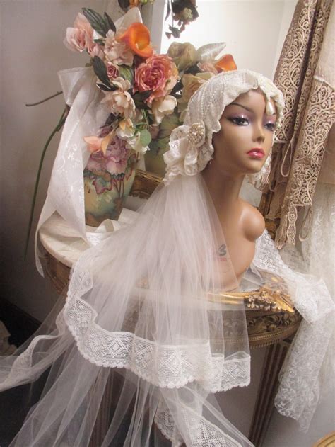 11920 Style Flapper Bridal Veil With Antique Lace And On Veili Etsy