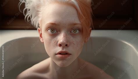Girl In Shower Portrait Of Albino Girl Relaxing In The Bathtub At Home