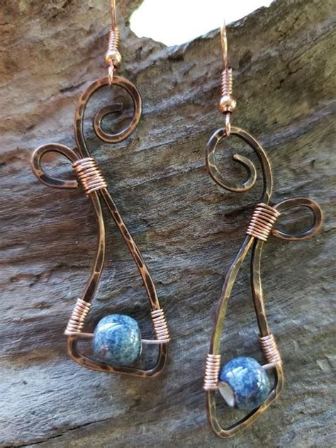 Handmade Hammered Copper Wire Earrings Blue Ceramic Etsy In 2020