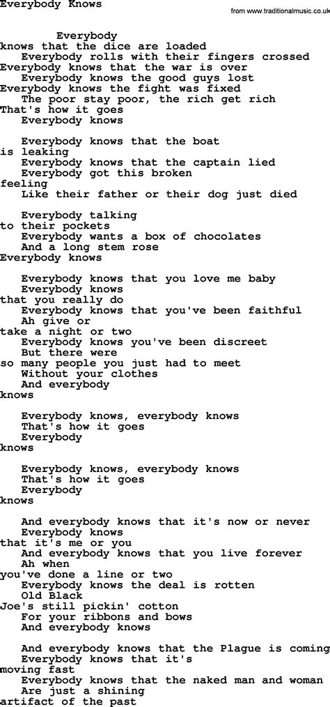 Leonard Cohen song: Everybody Knows lyrics