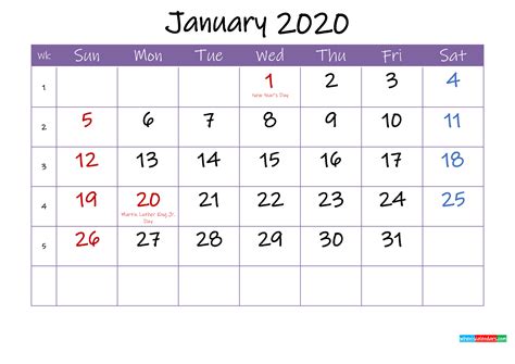 January 2020 Calendar With Holidays Printable Template Ink20m49