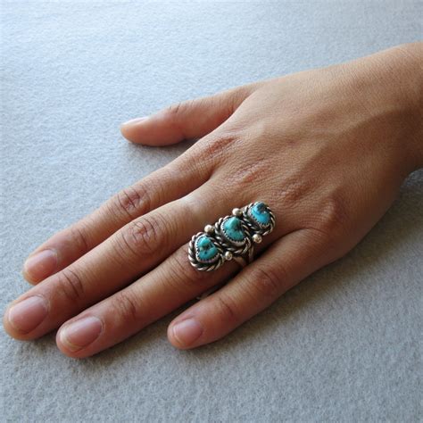 Silver Turquoise Ring Navajo Vintage 3 Stone Signed M E Etsy