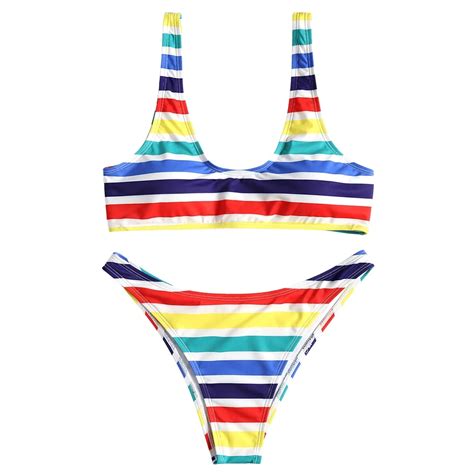 Womens Two Piece Colorful Striped Bikini Set 2018 Summer Bandage Push