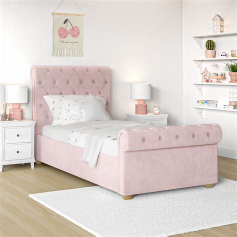 Grade A2 Safina Blush Pink Velvet Single Sleigh Bed With Roll Top